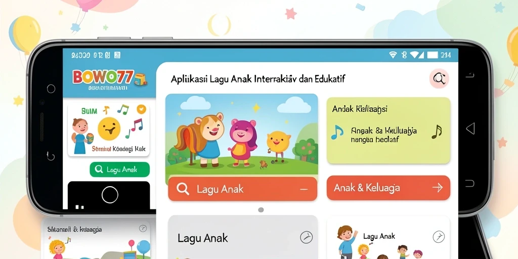 Antarmuka aplikasi BOWO77 dengan lagu anak yang interaktif.